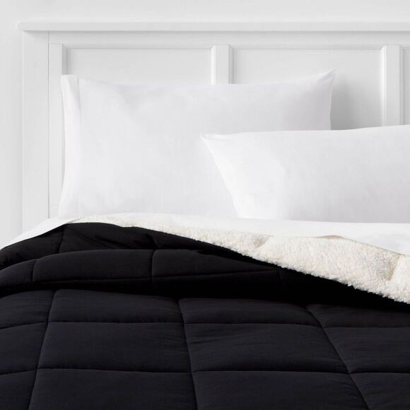 Open Box - Room Essentials - Full/Queen Faux Shearling Washed Microf Black - Picture 1 of 3